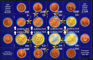 Гибралтар, 2002, Евро-монеты, лист, номинал 4.72 евро